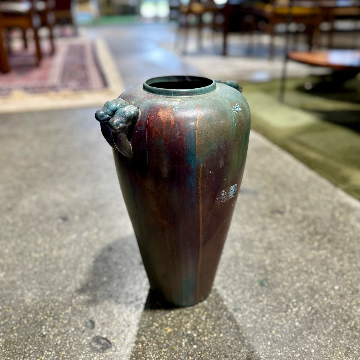 Large Teal & Plum Ceramic Raku Vase, 11" L x 9" W x 16.5" H