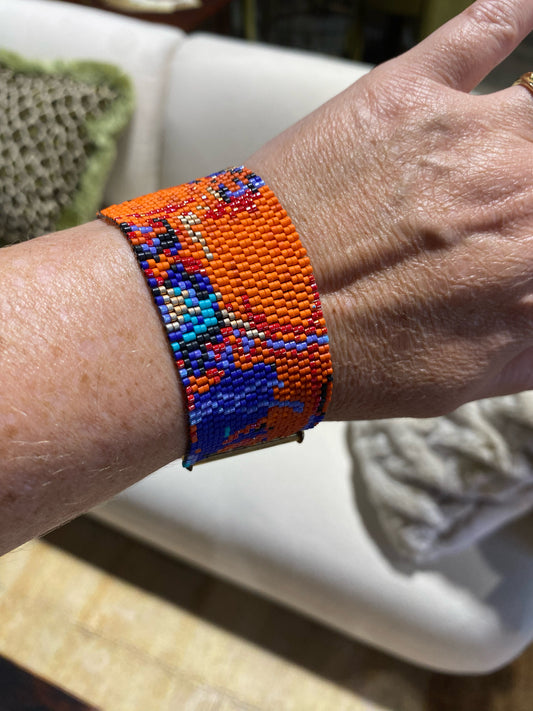Peyote stitch bracelet, "Splash of Color", oranges/blues, 1.4"W x 7"L