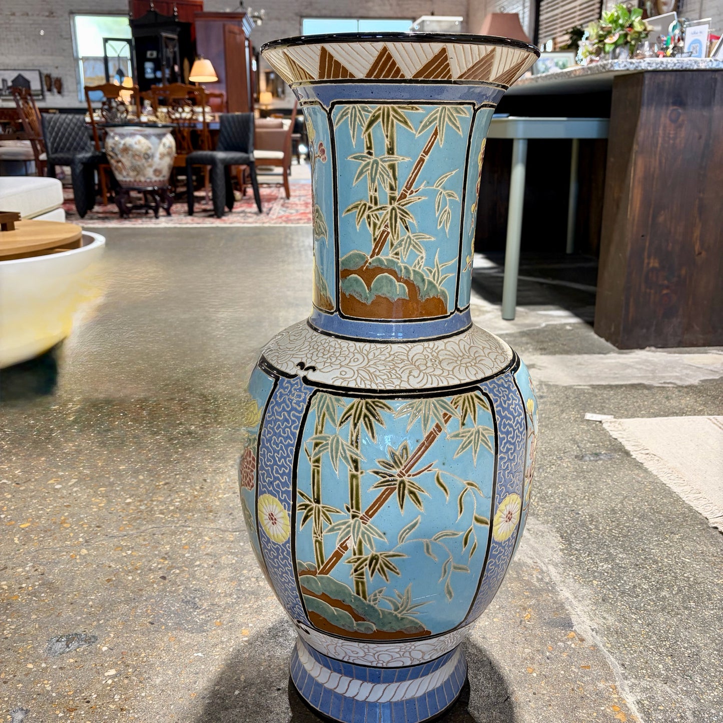 Large Ceramic Chinoiserie Style Floor Vase, 14"W x 14"D x 30.75"H