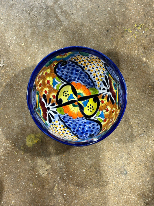Cobalt blue rim/bright floral decorative bowl, Mexico, 12"D x 5"H