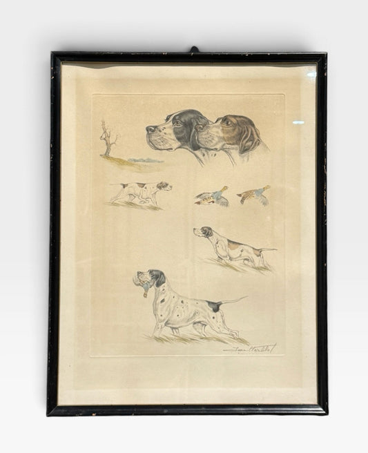 VTG Jean Herblet etching, english pointers, 15"W x 19.5"H