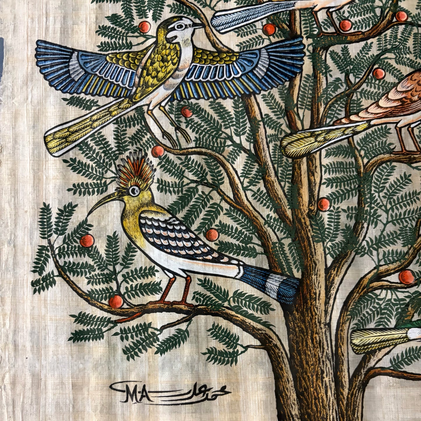 Vintage Egyptian Papyrus "Tree of Life" Painting, 17.25"W x 20.75"H x 1"D