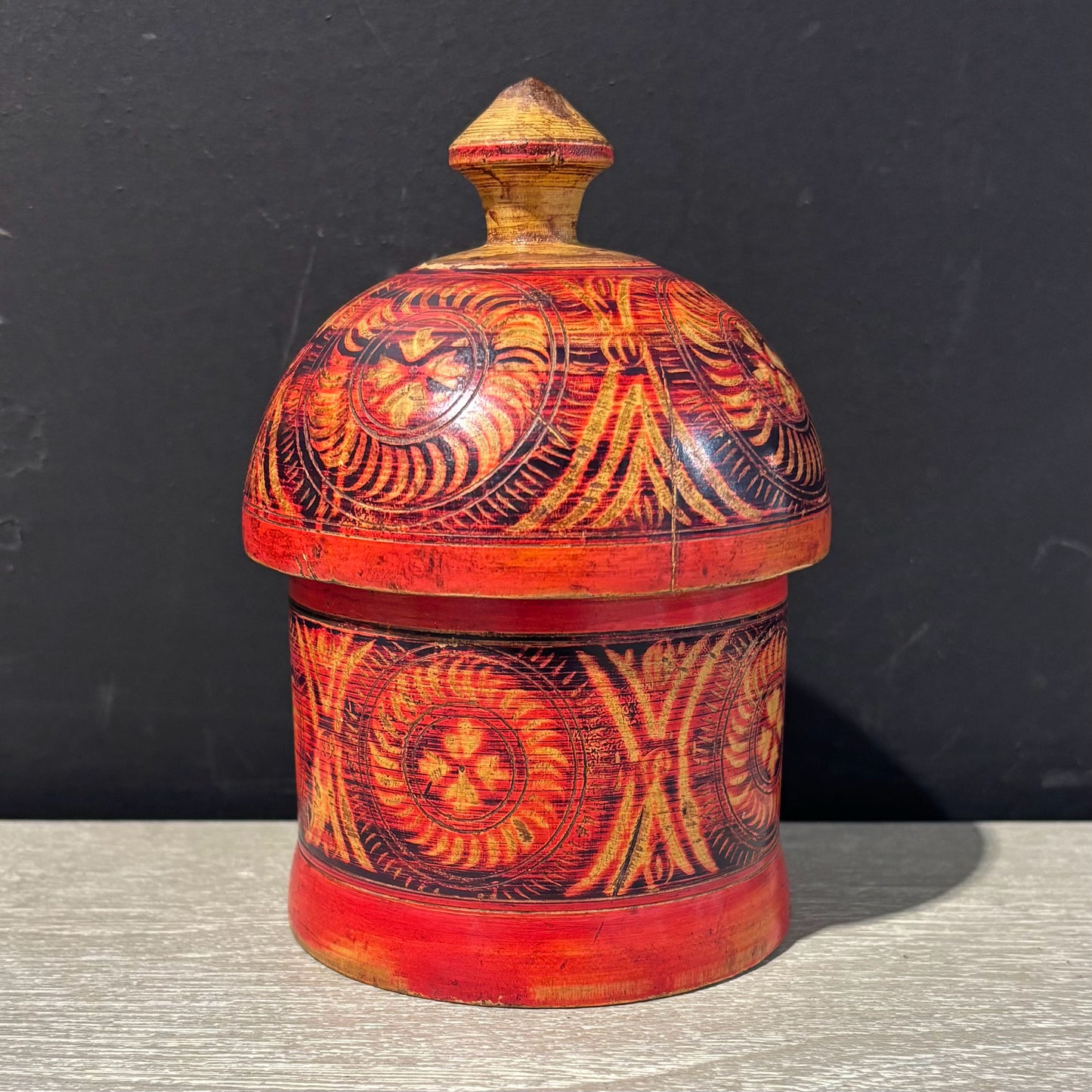 Painted Cylindrical Spice Box 13.5" D x 6.5" H