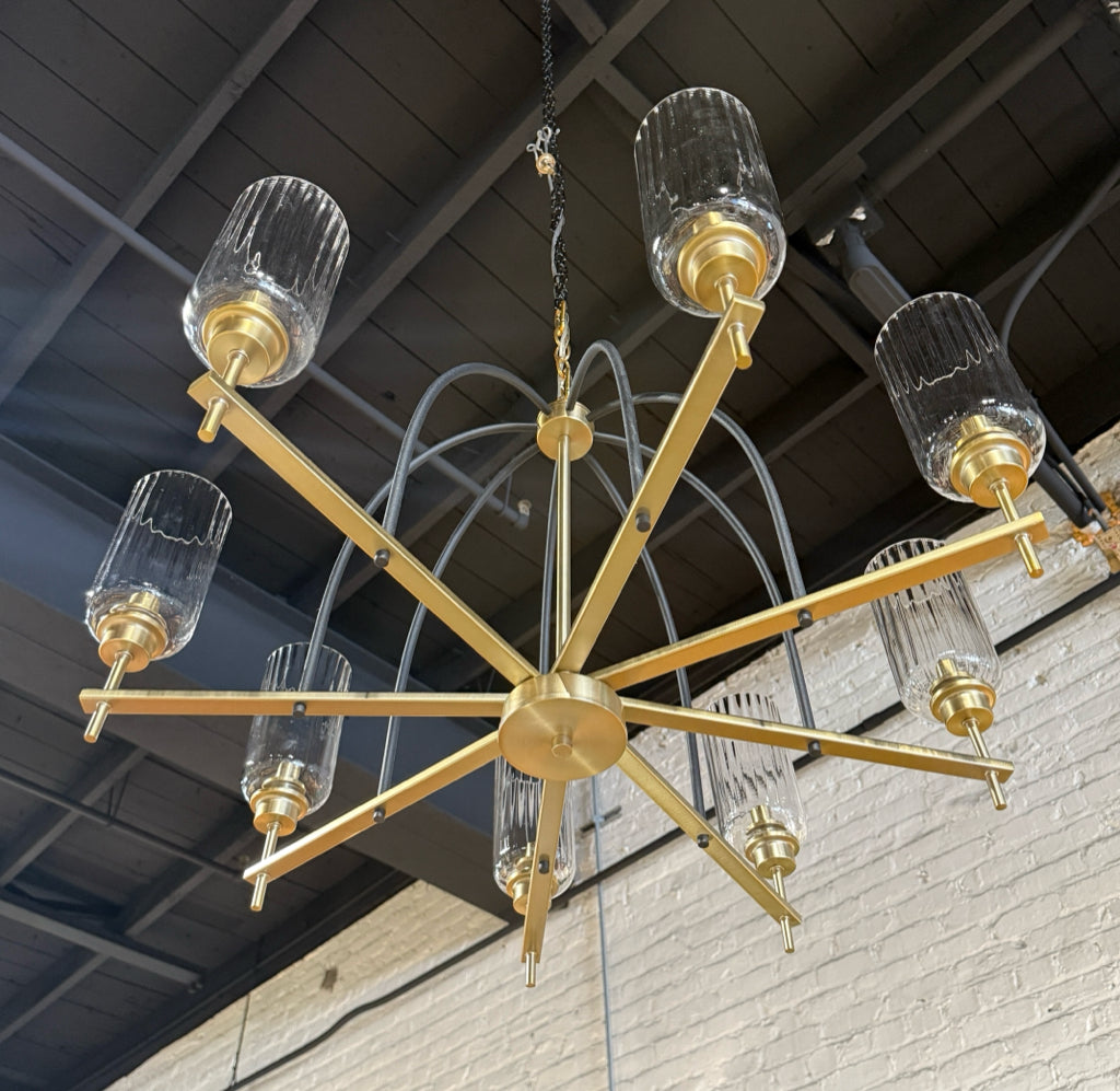 Black/brass chandelier, 8 lights, glass shades, 32"W x 32"D x 18"H