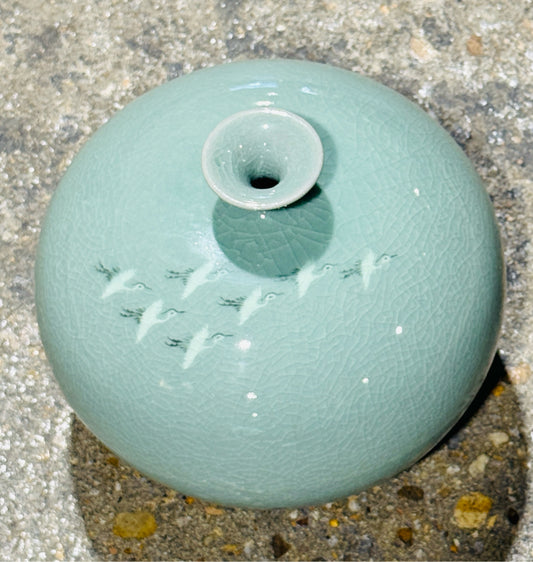Korean Goryeo celadon vase w/flying cranes, 7"W x 7"D x 6"H