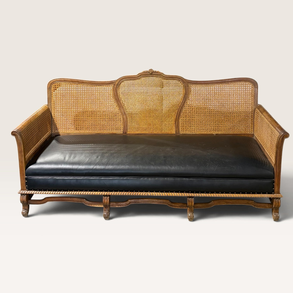 1930's Teak & Cane Sofa w/Black Leather Seat