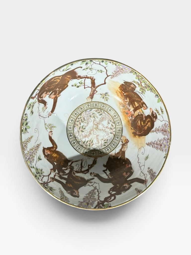 VTG Chinese porcelain bowl, 'Merry Monkeys', handpainted, 10"DIA x 5"H