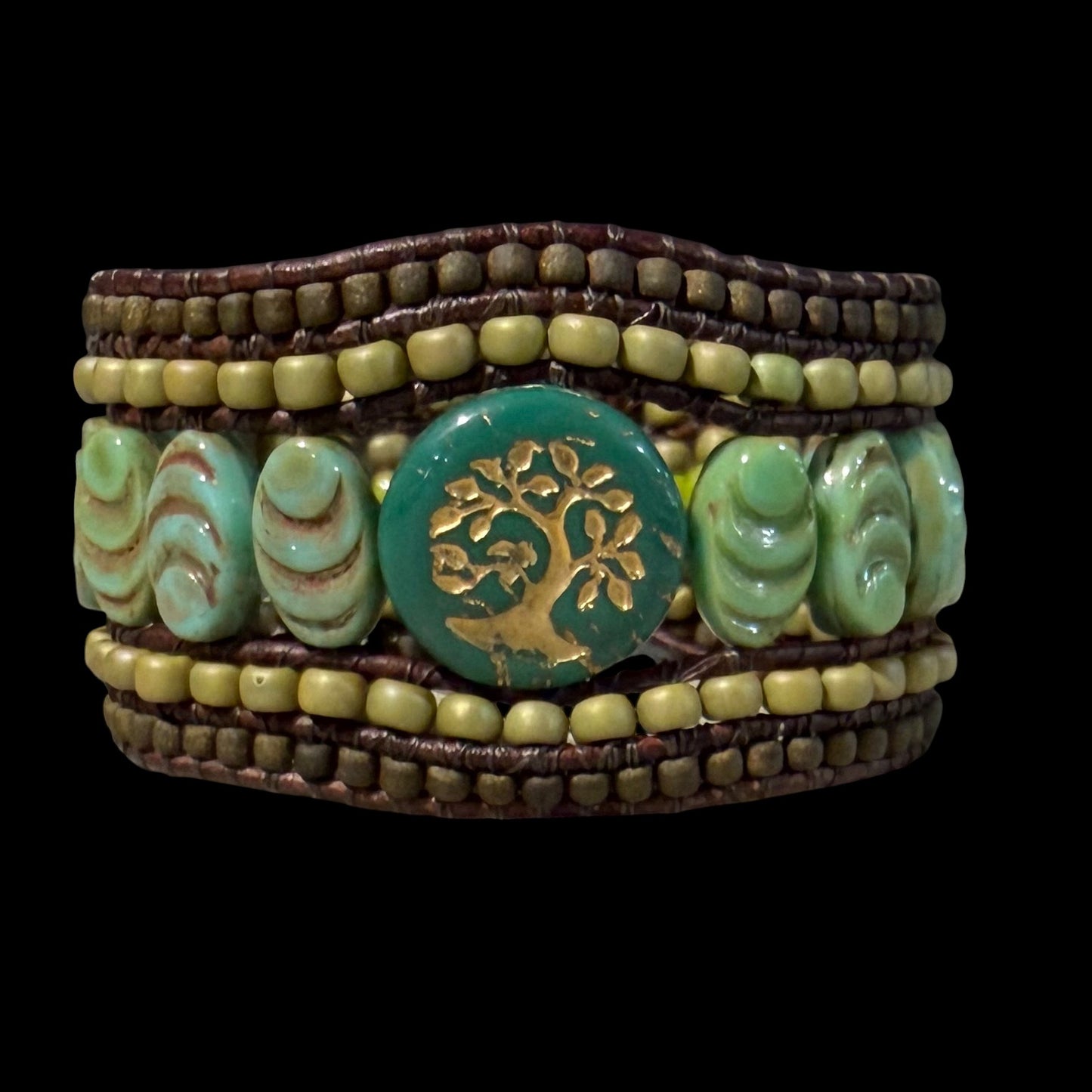 Bohemian Picasso Beaded Cuff, Green Tree by Carrie Prince