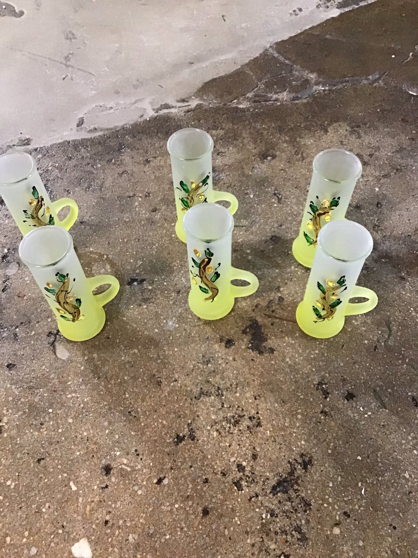 6 Hand Painted Frosted Lemoncello Glasses 2.5 W x 1.5 D x 4" H