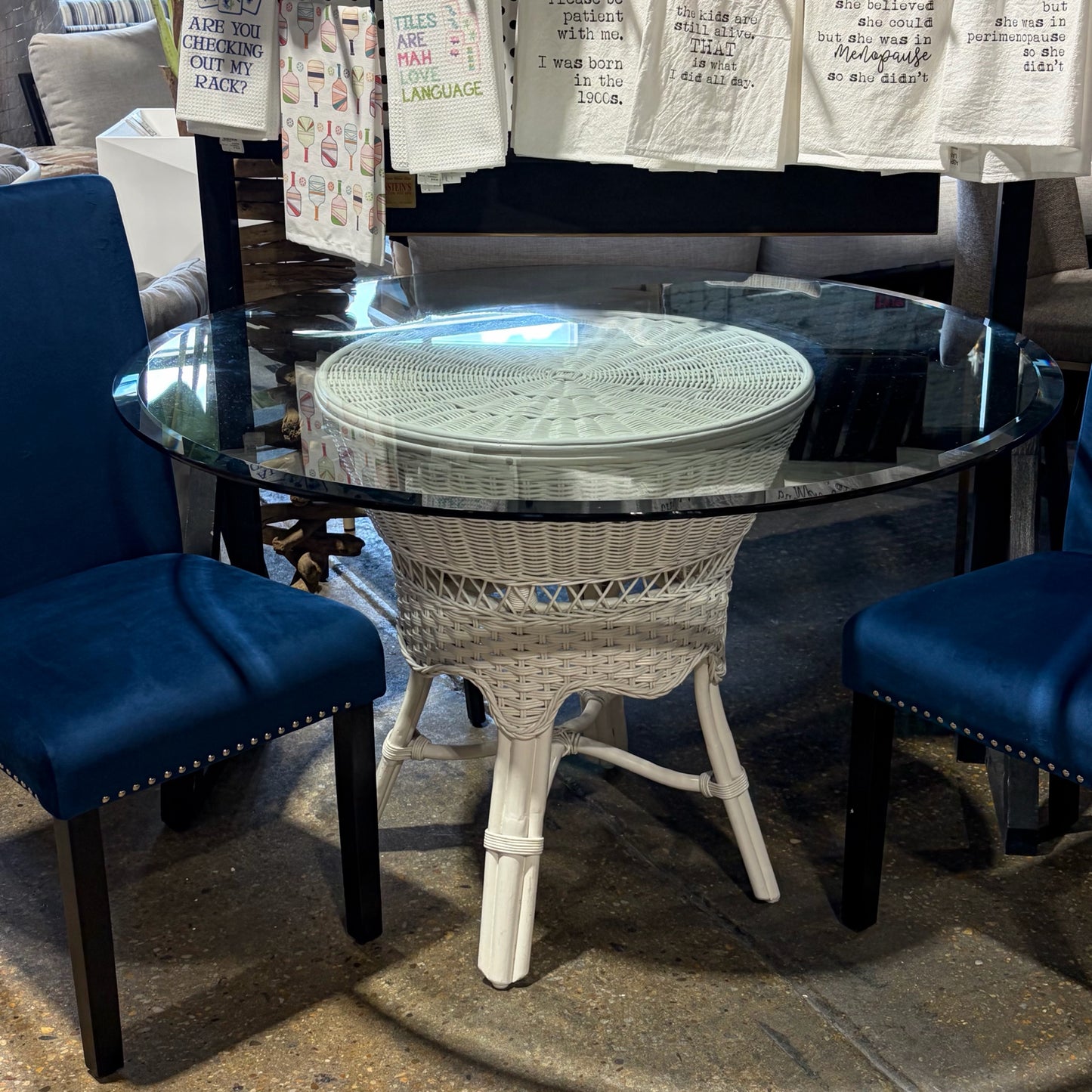 White Wicker Table w/Round Glass Top, 48"W x 30"H