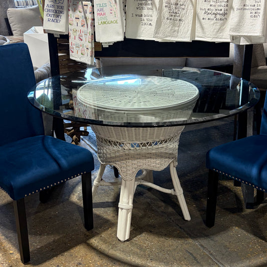 White Wicker Table w/Round Glass Top, 48"W x 30"H