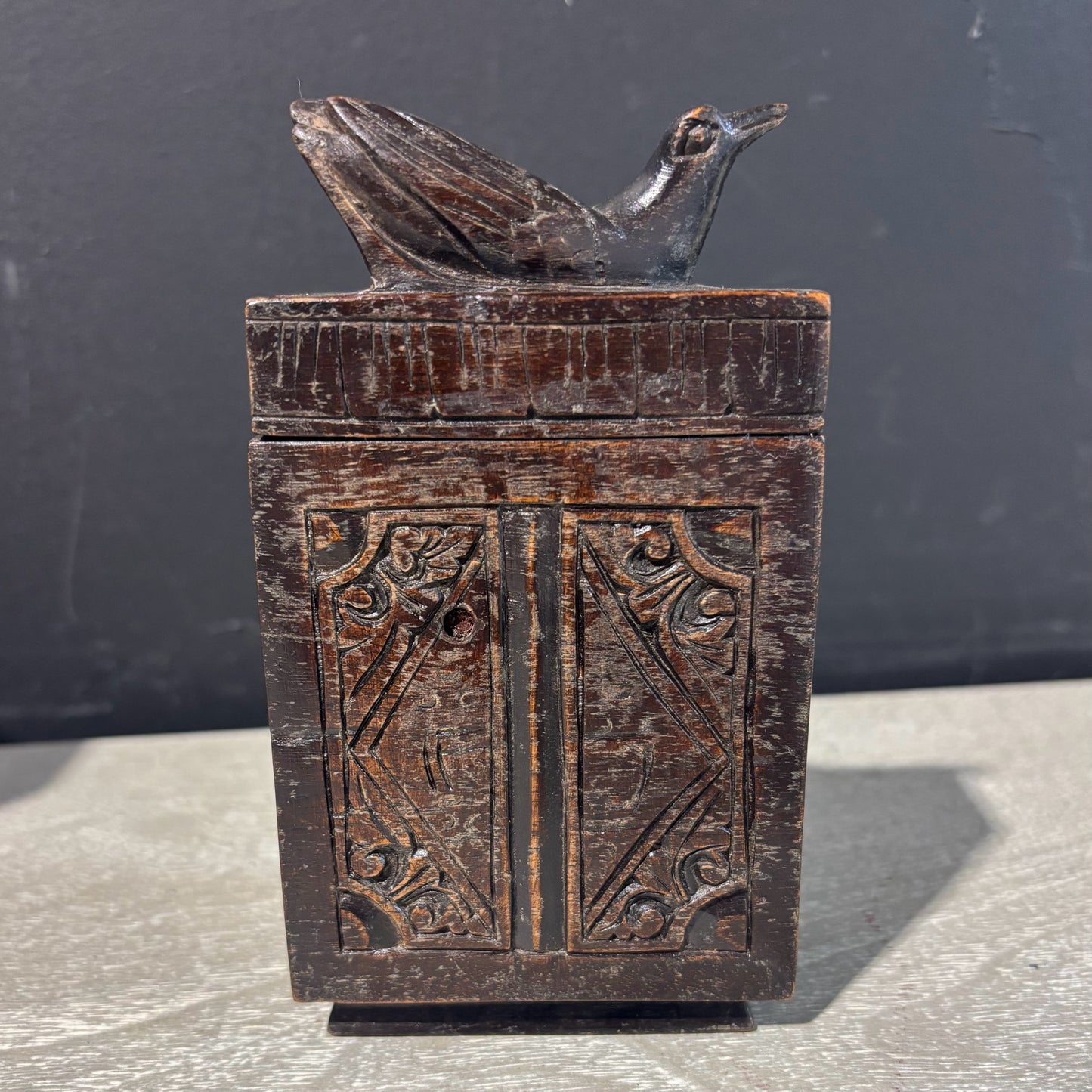 Carved Wooden Box with Bird Finial 3.25" L x 1.5" D x 6" H