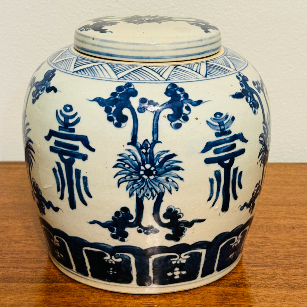 VTG Chinoiserie ginger jar, 'longevity' symbol/floral, 25"Dia x 8"H