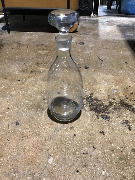 Vintage Glass Decanter w Etched Floral Pattern 4.5" base x 12" H