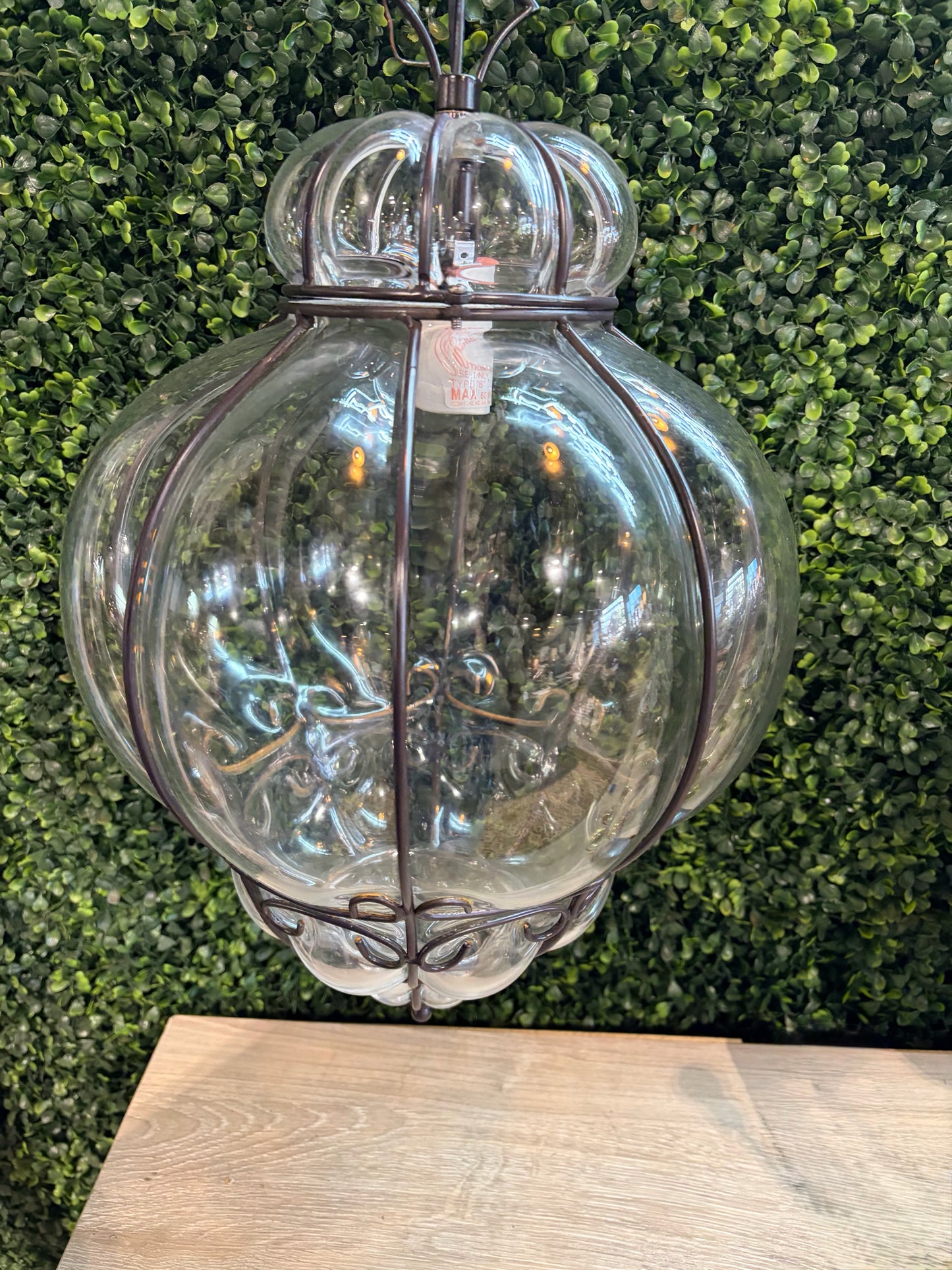 Venetian Caged Blown Glass Pentant, 12"W x 12"D x 16.5"H + Chain
