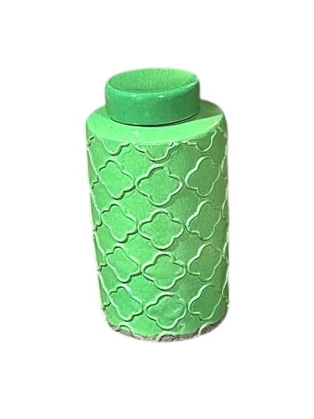 Green jar w/lid, trefoil design, 6.5"W x 6.5"D x12"H
