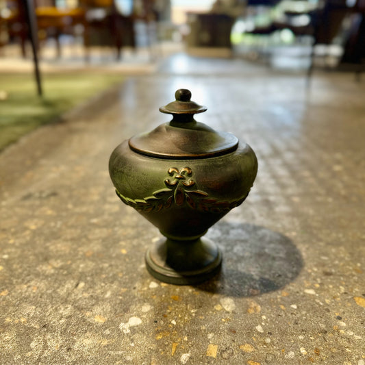 Vintage Lidded Urn, Aged Bronze Ceramic, 6.25" Dia x 7.5" H
