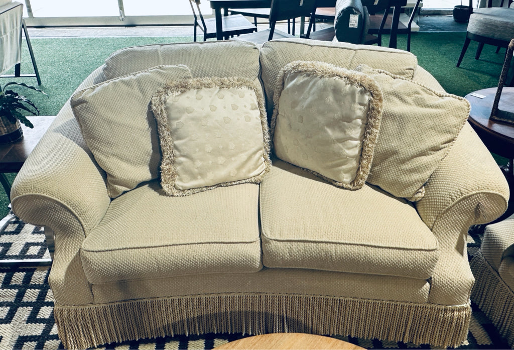 Sherrill loveseat, rolled back/arms, 8" fringe, 65"L x 38"D x 32"H
