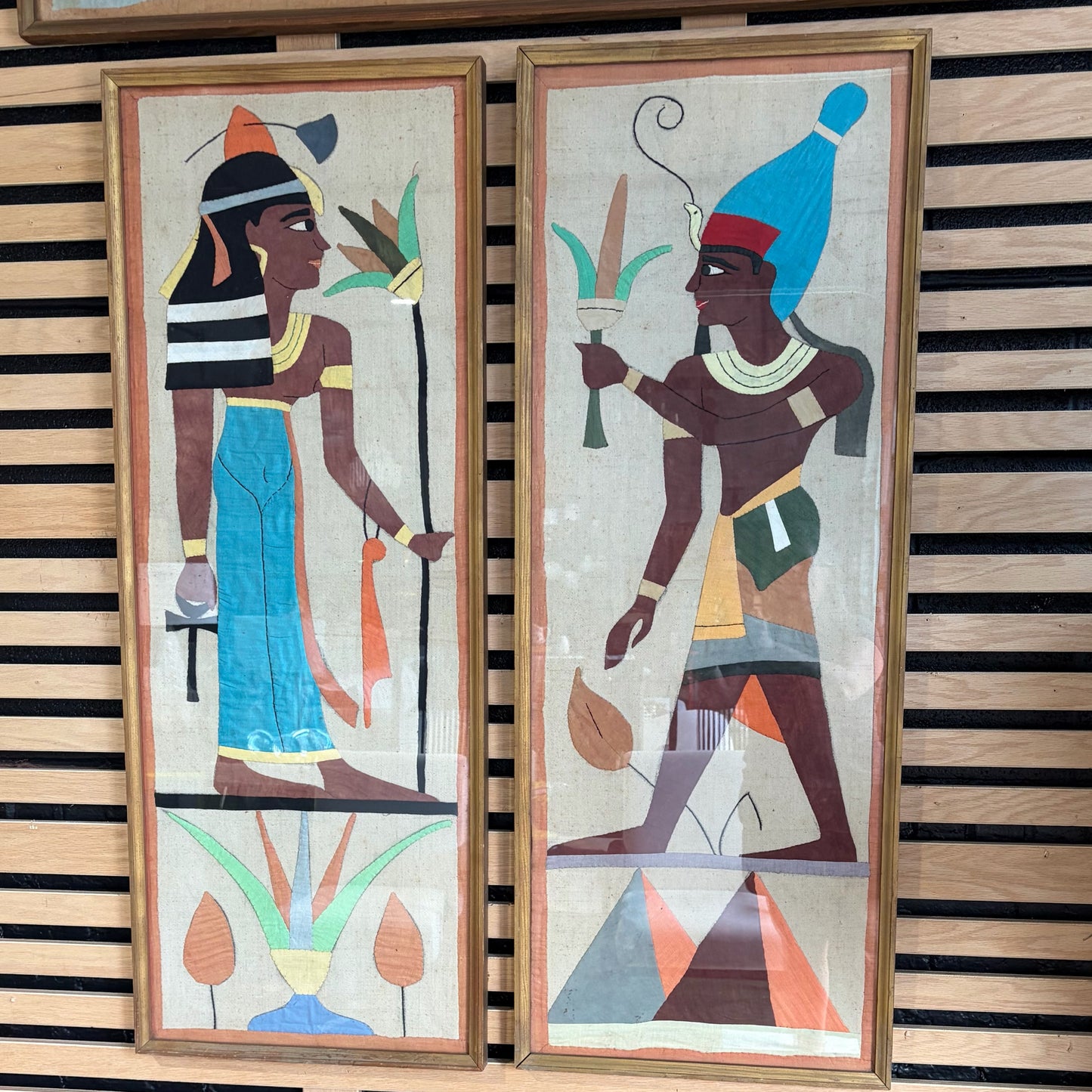2 VTG Hand Stitched Egyptian Applique Wall Hangings, 18.25"W x 48"H x 1"D