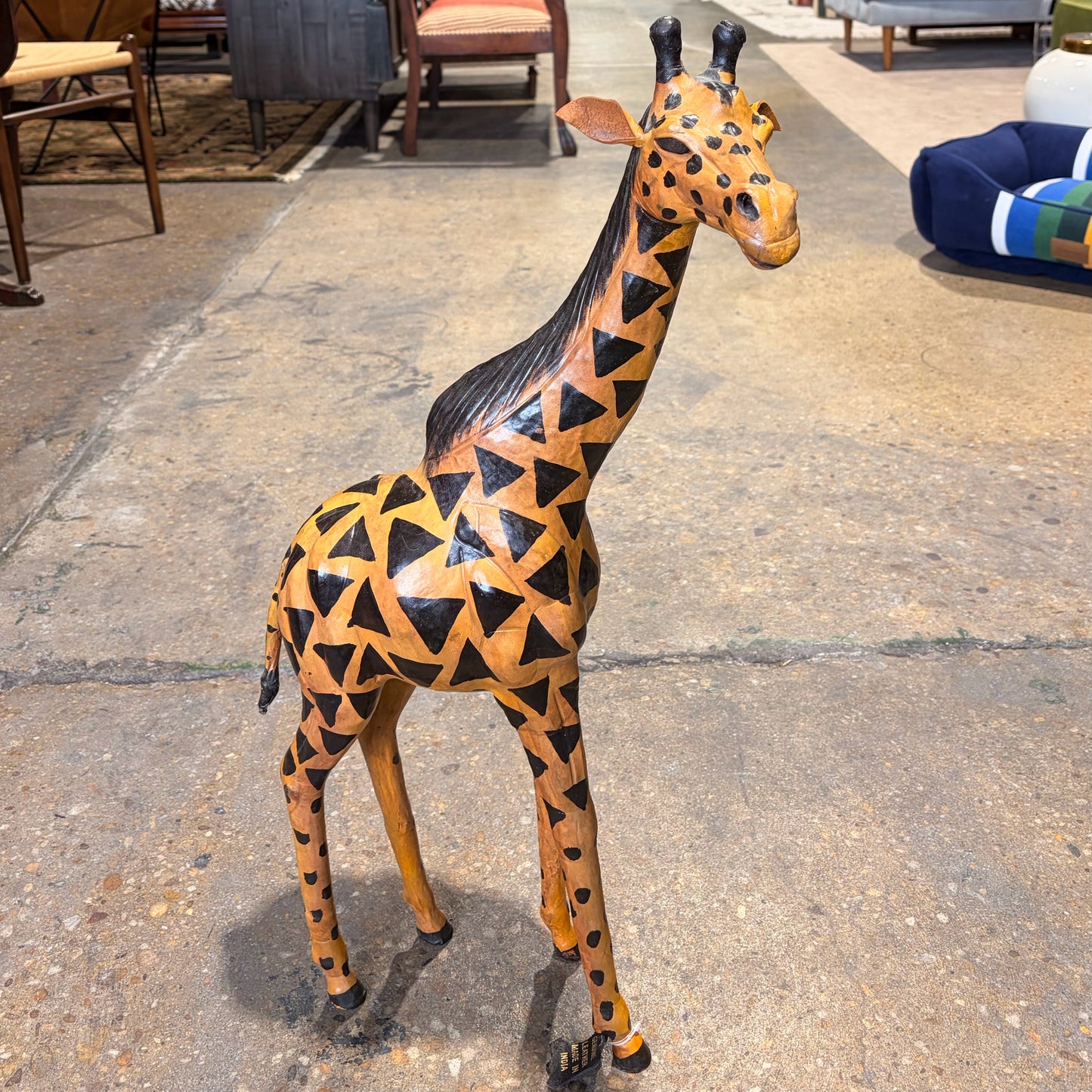 Tall Leather Giraffe Statue, 28.5"H 14" W x 6.5"D