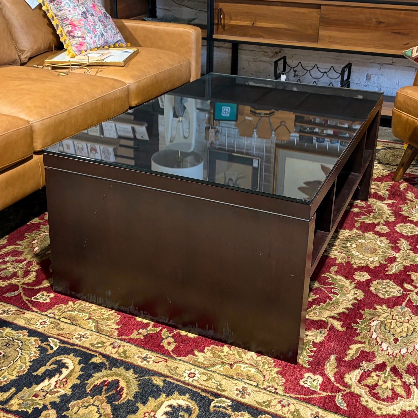 Dark Wood Coffee Table w/ Glass Top, 46"W x 30"D x 18"H