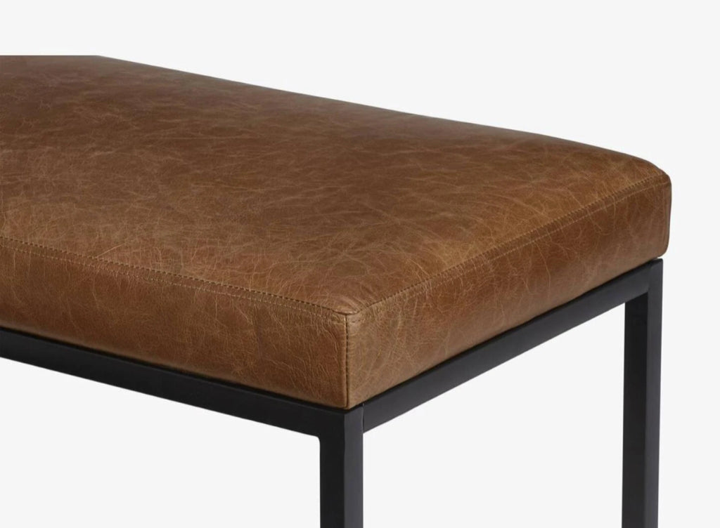 NEW Lawton upholstered bench, saddle leather, 42'W x 18"D x 18"H