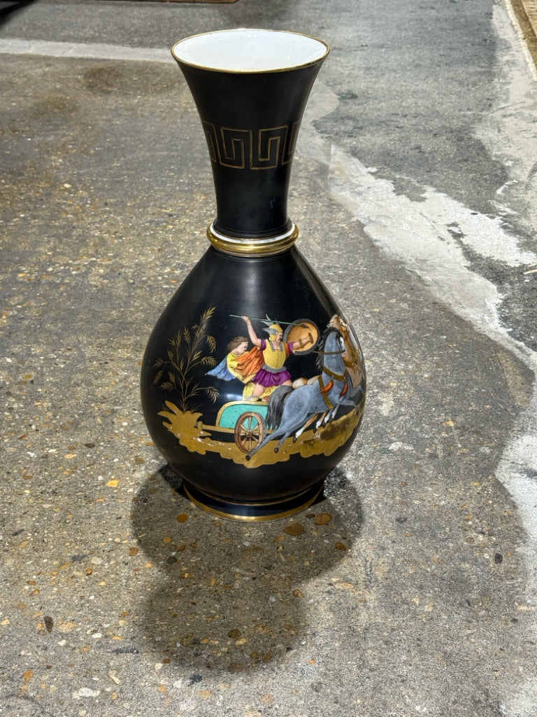 Antique Neo-classical black vase, handpainted, 9"W x 9"D x 20"H