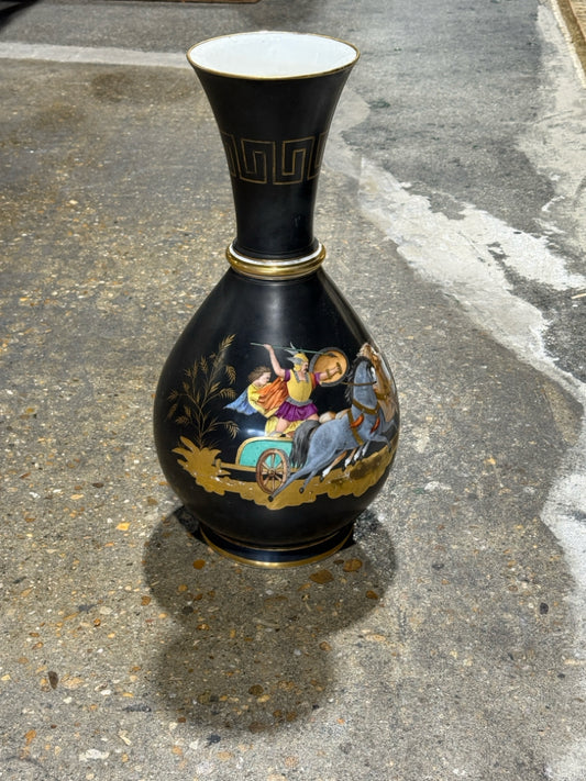 Antique Neo-classical black vase, handpainted, 9"W x 9"D x 20"H
