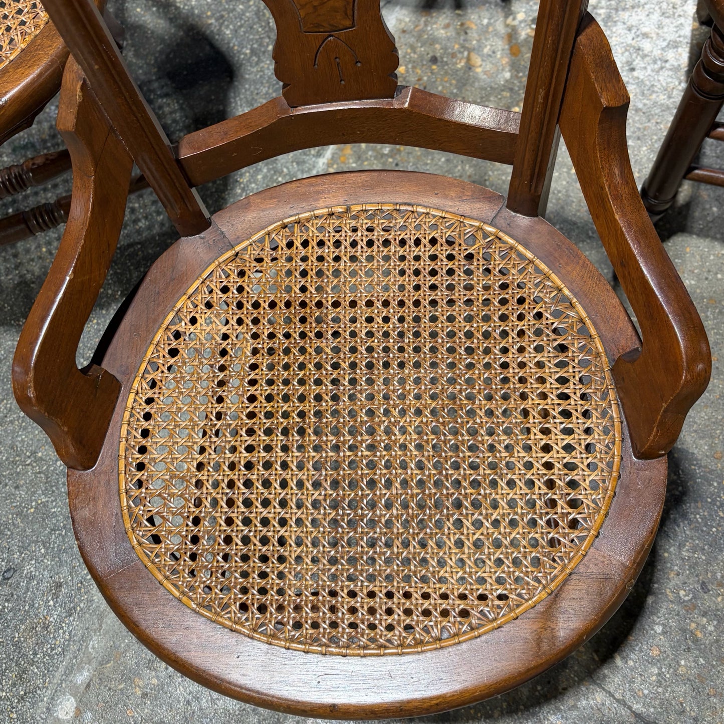 4 Victorian Cane Bottom Wooden Chairs, 33.5"H x 19"D x 17.5"W