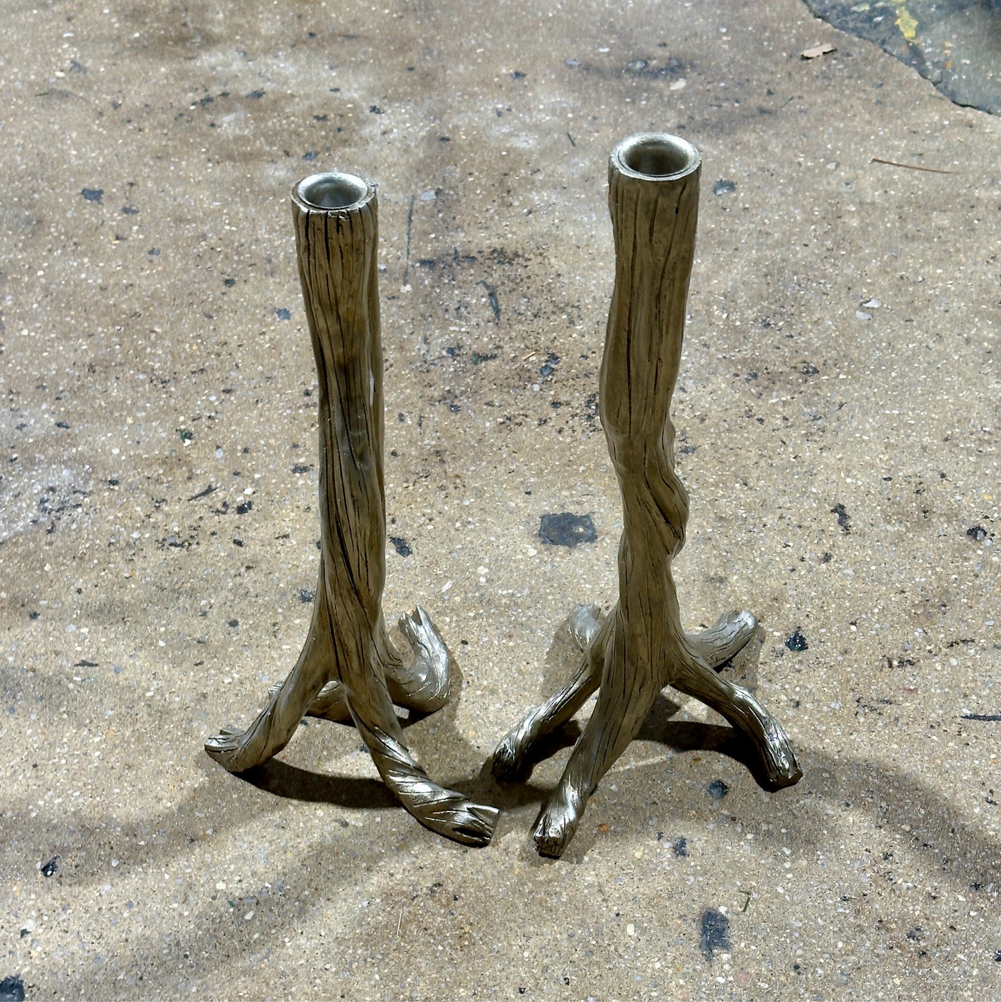 Pair of Silver-leafed Branch Candle Sticks, 15.25" H x 8.5" W & 13.5" H x 7" W