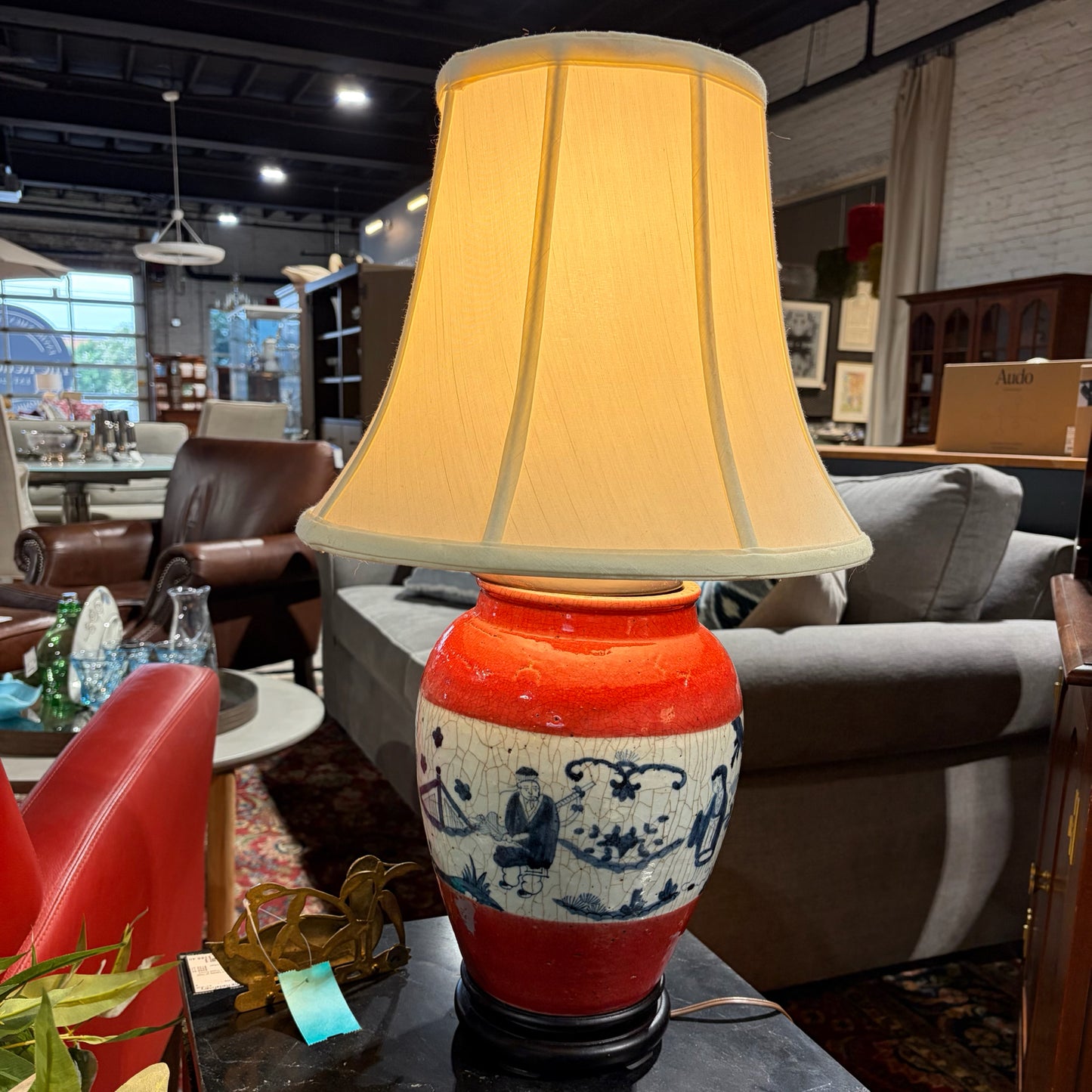 VTG Hand Painted Ginger Jar Lamp, Red/White/Blue, 14.5"Dia x 25"H