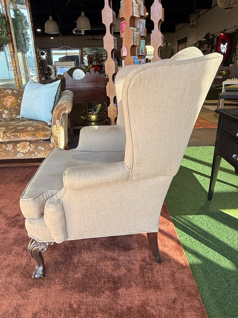 Queen Anne upholstered wingback, 32"W x 28"D x 42"H