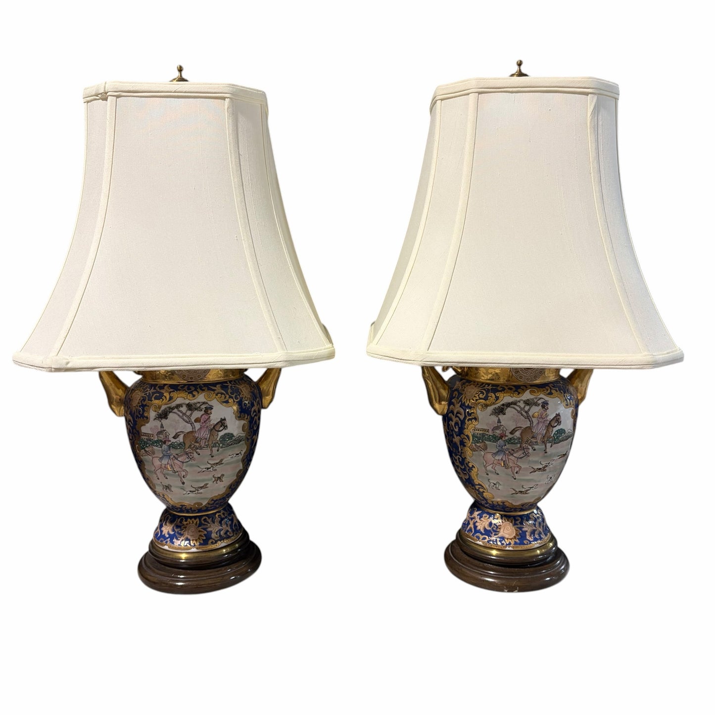Pair of VTG Chinoiserie Urn Lamp, Blue/Gold, Equestrian, 26"H