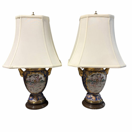 Pair of VTG Chinoiserie Urn Lamp, Blue/Gold, Equestrian, 26"H