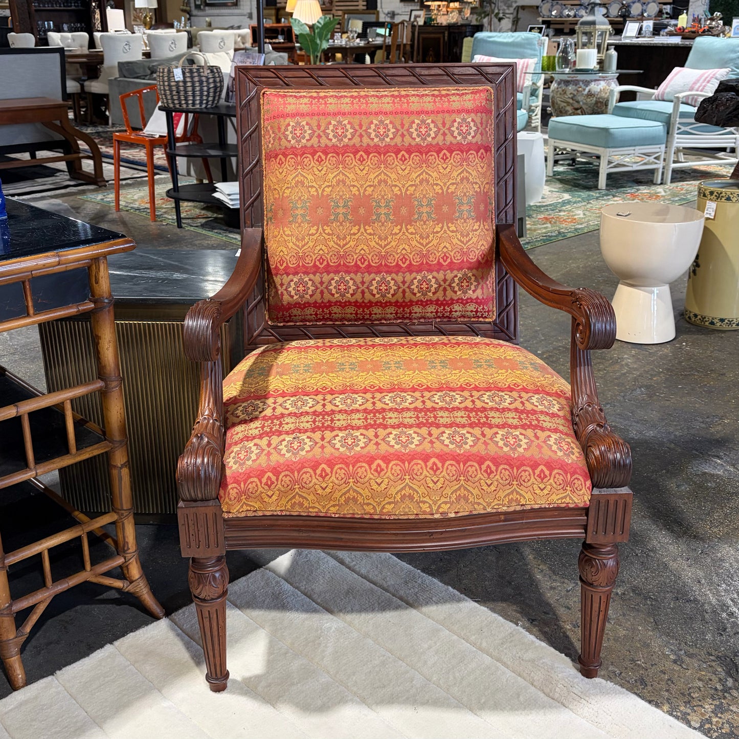 VTG Open Armchair w/ Carved Wooden Details, 29"W x 30"D x 40.25"H