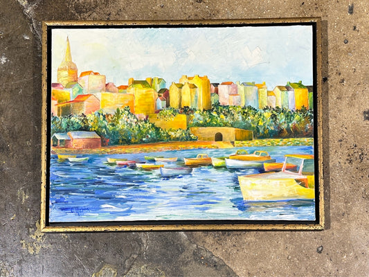 "Boats in the harbor", signed C. Yahia, 36"W x 24"H x 2"D