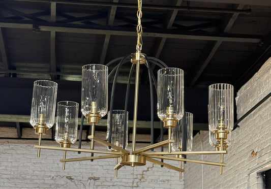 Black/brass chandelier, 8 lights, glass shades, 32"W x 32"D x 18"H