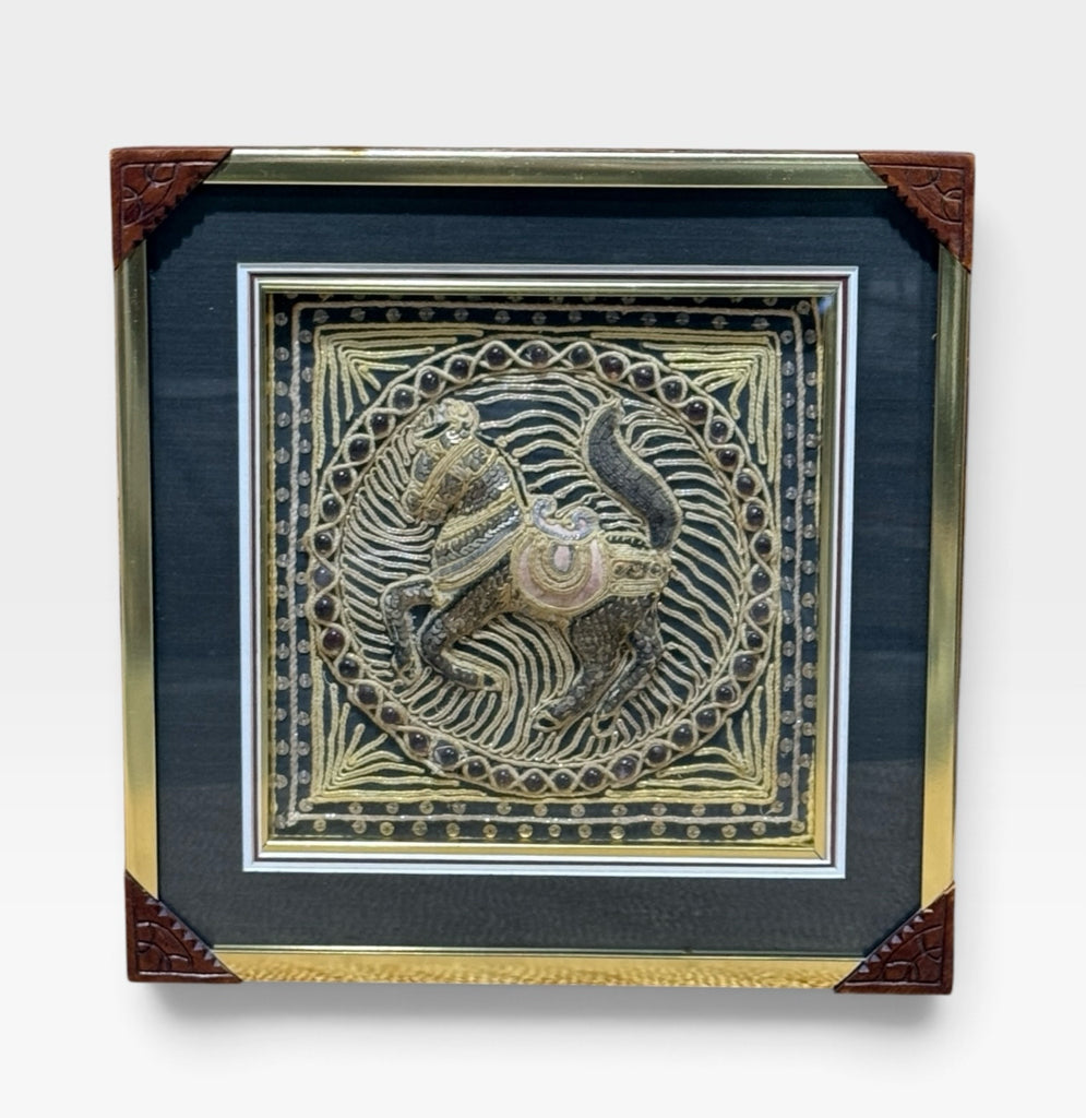 Burmese Kalaga tapestry, horse, 14.5"W x 14.5"H