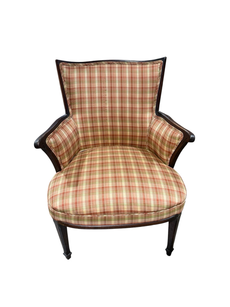 VTG fauteuil chair, mahogany, plaid, 25"W c 19"D x 34"H