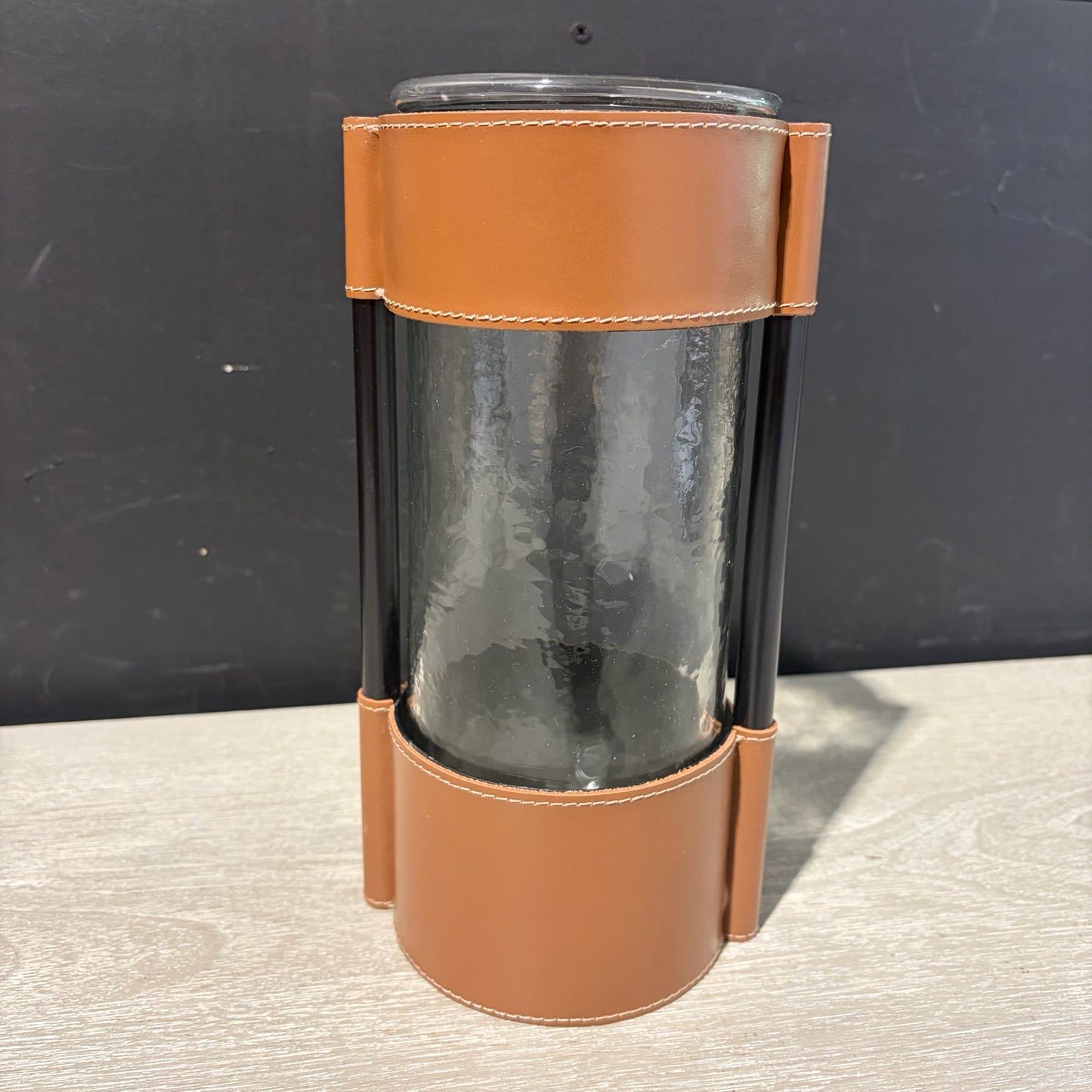 Joseph Vase, Leather & Glass, 4.5"Dia x 10"H