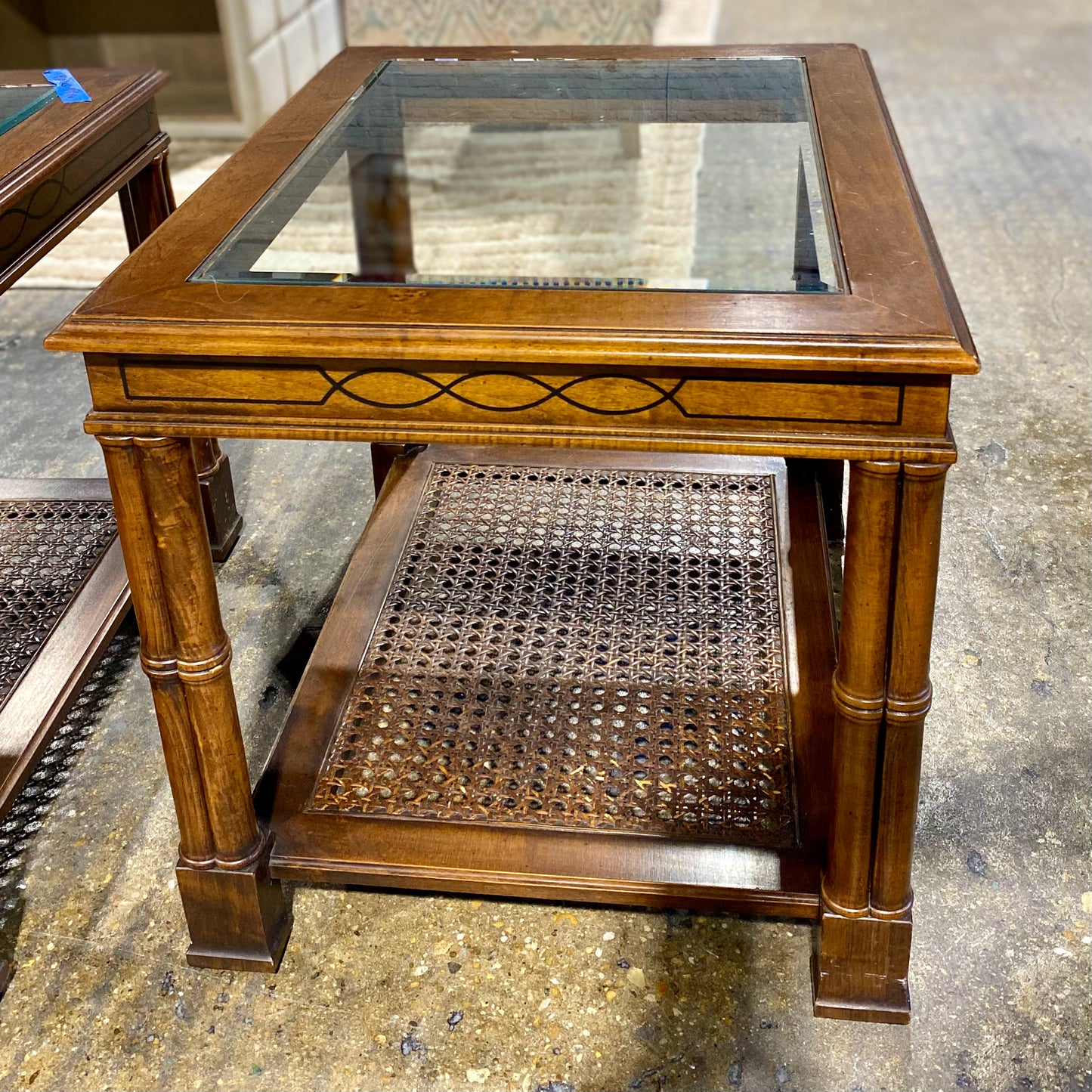 Glass Top End Table W/ Cane Shelf, 22"W x 27"D x 22.25"H