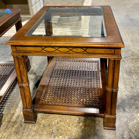 Glass Top End Table W/ Cane Shelf, 22"W x 27"D x 22.25"H
