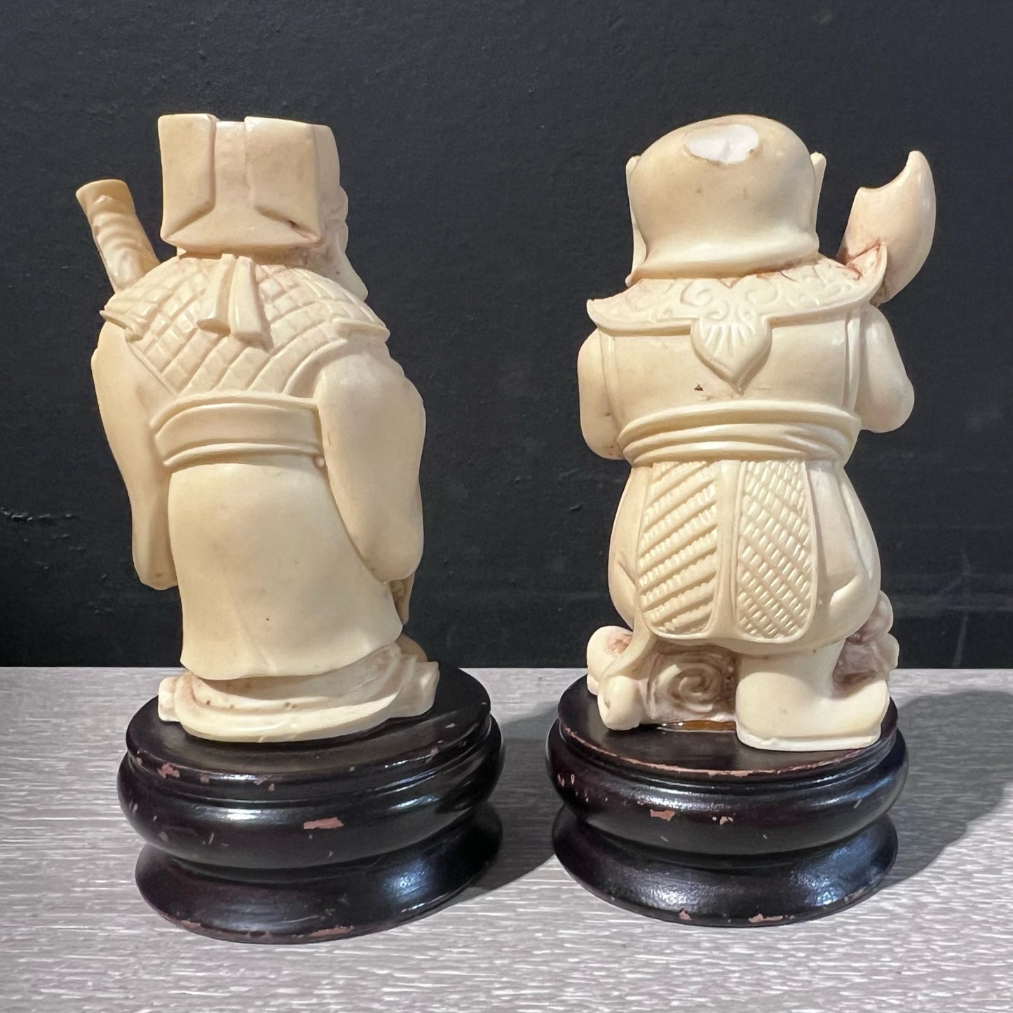 Pair of Chinese Figurines on Wood Base, 4" H x 2" Dia