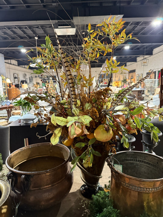 Fall floral, feathers/persimmons, 42"H x 30"W