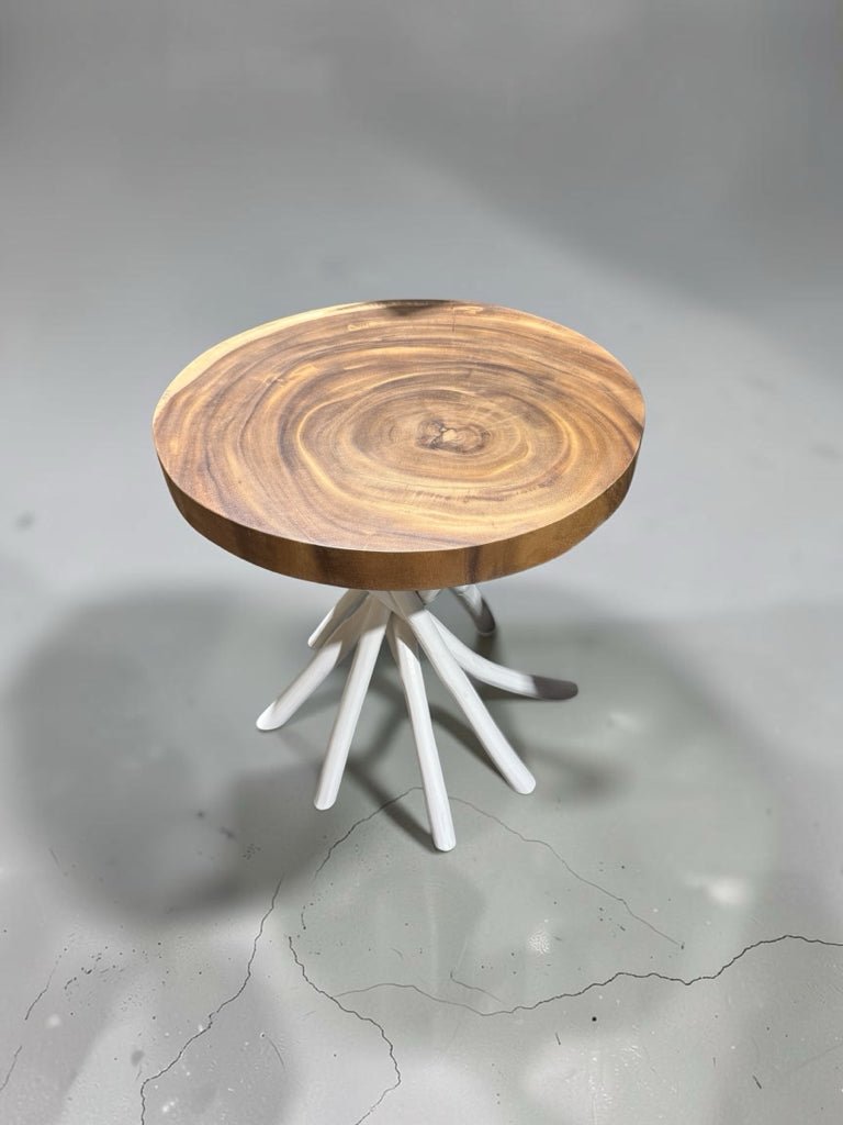 Solid Wood cross-cut accent table, 21.5"DIA x 22"H
