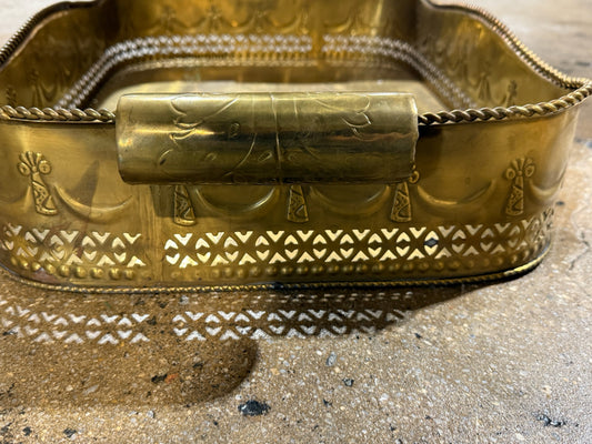 Antique brass tray deep gallery edge , pierced and etched, 24"L x 15.5"W x 4"H