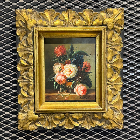 Vintage oil on panel, floral still life, A. Vianni, 17.75"H x 15.5"W x 2"D