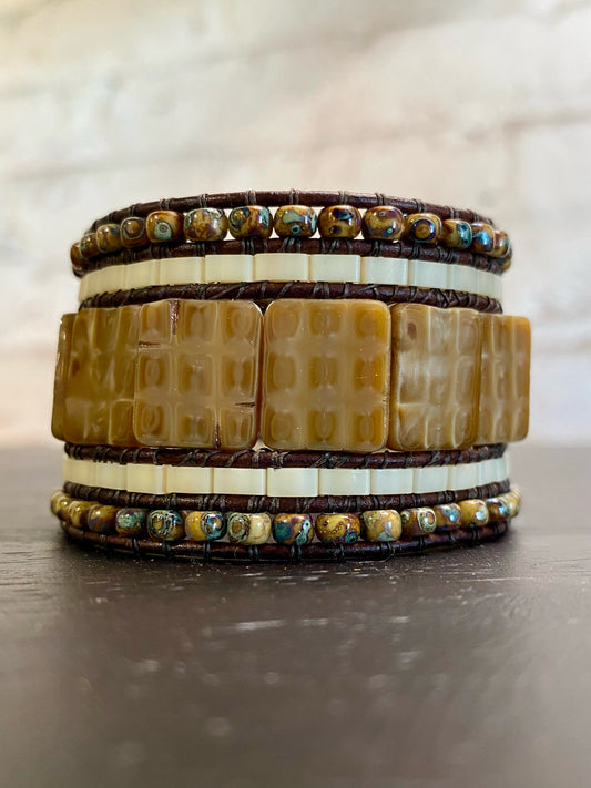 Cuff bracelet, toasted honey, 5 beaded rows, cream/honey