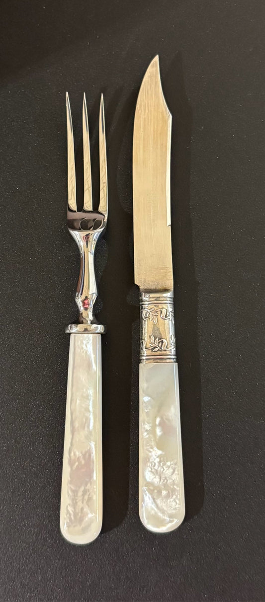 Antique Knife and Fork Set, Mother of Pearl Handles, 3.25" L x .5" W