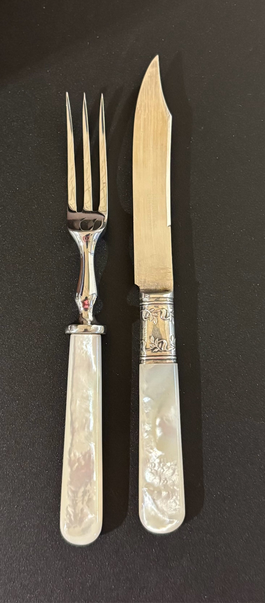 Antique Knife and Fork Set, Mother of Pearl Handles, 3.25" L x .5" W